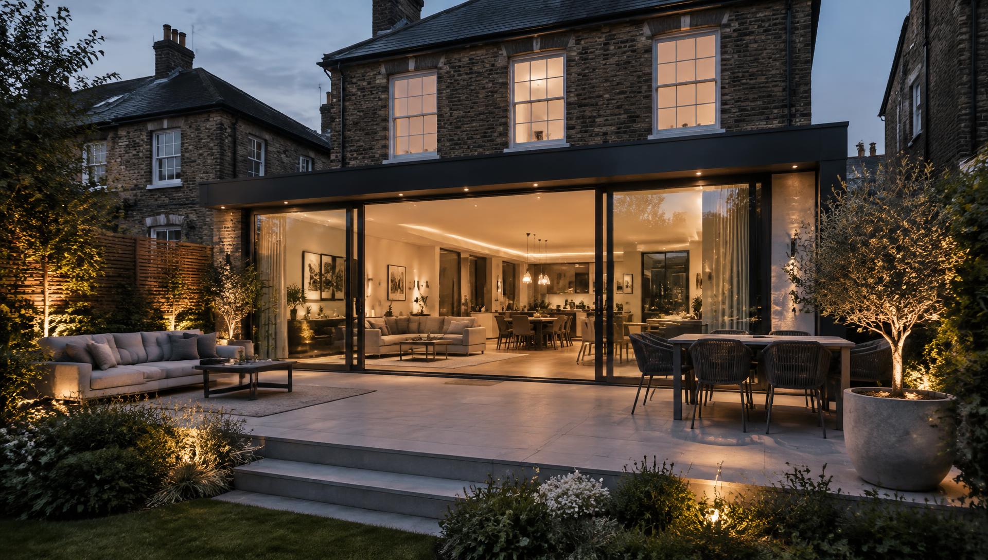 Completed modern rear house extension with glass doors at dusk
